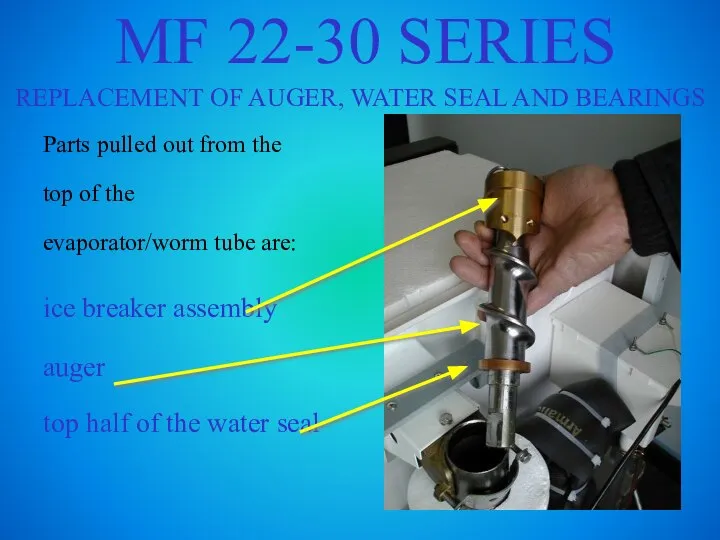 MF 22-30 SERIES REPLACEMENT OF AUGER, WATER SEAL AND BEARINGS Parts pulled