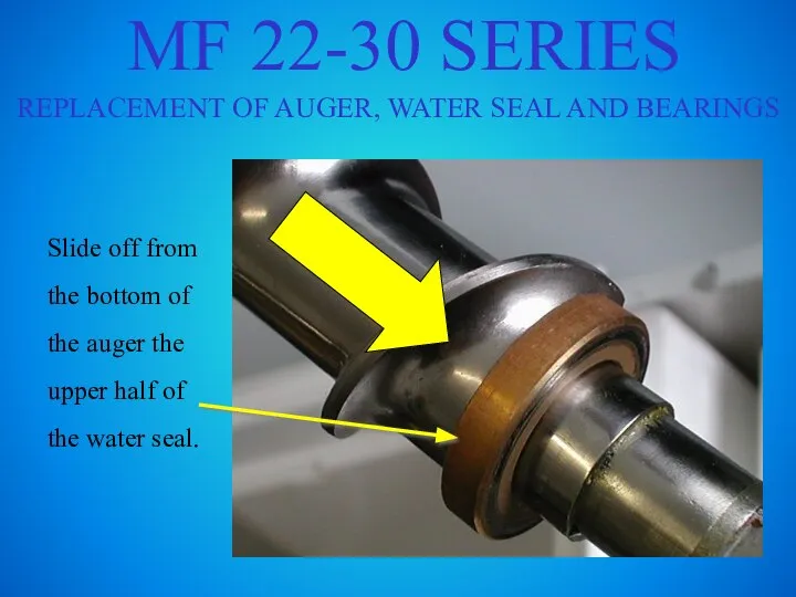 MF 22-30 SERIES REPLACEMENT OF AUGER, WATER SEAL AND BEARINGS Slide off