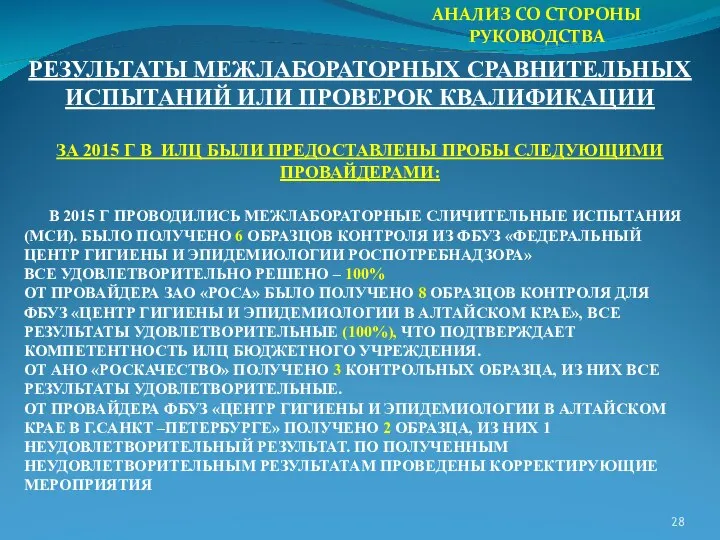 АНАЛИЗ СО СТОРОНЫ РУКОВОДСТВА РЕЗУЛЬТАТЫ МЕЖЛАБОРАТОРНЫХ СРАВНИТЕЛЬНЫХ ИСПЫТАНИЙ ИЛИ ПРОВЕРОК КВАЛИФИКАЦИИ ЗА