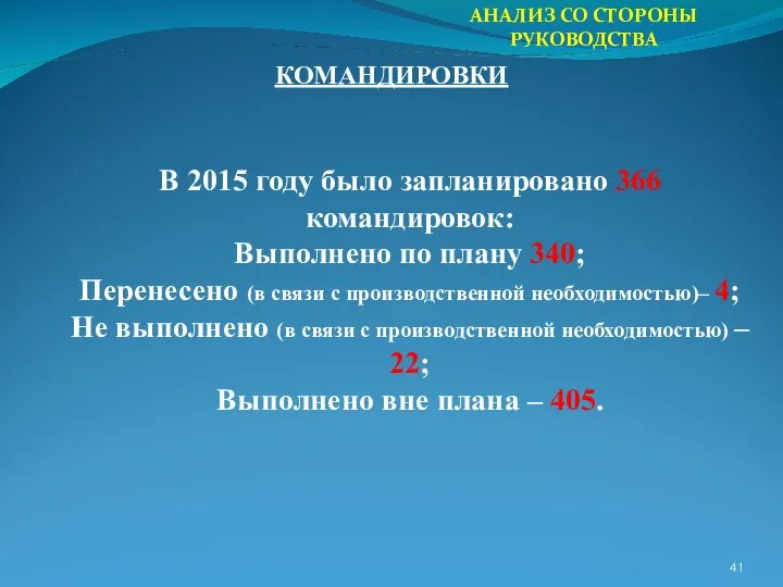 АНАЛИЗ СО СТОРОНЫ РУКОВОДСТВА КОМАНДИРОВКИ В 2015 году было запланировано 366 командировок: