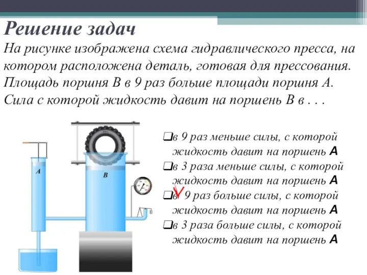 На рисунке изображена схема гидравлического пресса, на котором расположена деталь, готовая для