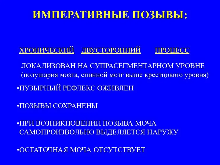 ХРОНИЧЕСКИЙ ДВУСТОРОННИЙ ПРОЦЕСС ПУЗЫРНЫЙ РЕФЛЕКС ОЖИВЛЕН ПОЗЫВЫ СОХРАНЕНЫ ПРИ ВОЗНИКНОВЕНИИ ПОЗЫВА МОЧА