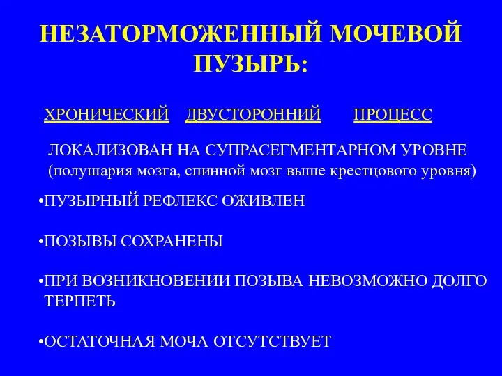 ХРОНИЧЕСКИЙ ДВУСТОРОННИЙ ПРОЦЕСС ПУЗЫРНЫЙ РЕФЛЕКС ОЖИВЛЕН ПОЗЫВЫ СОХРАНЕНЫ ПРИ ВОЗНИКНОВЕНИИ ПОЗЫВА НЕВОЗМОЖНО