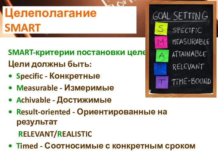 Целеполагание SMART SMART-критерии постановки целей Цели должны быть: Specific - Конкретные Measurable