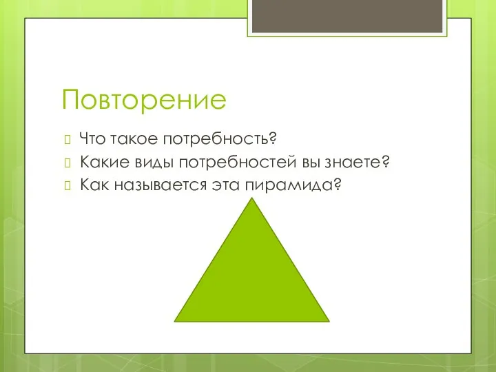 Повторение Что такое потребность? Какие виды потребностей вы знаете? Как называется эта пирамида?