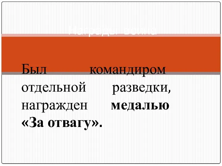 Был командиром отдельной разведки, награжден медалью «За отвагу». Награды воина