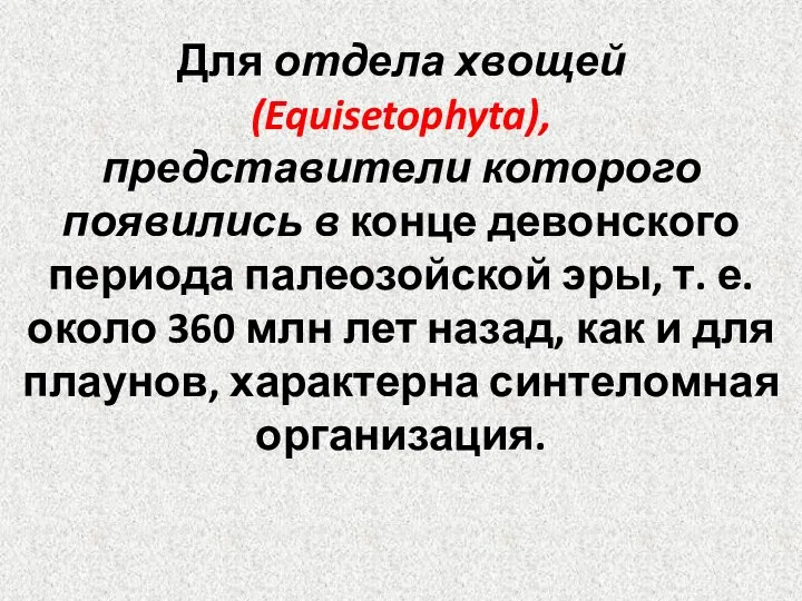 Для отдела хвощей (Equisetophyta), представители которого появились в конце девонского периода палеозойской