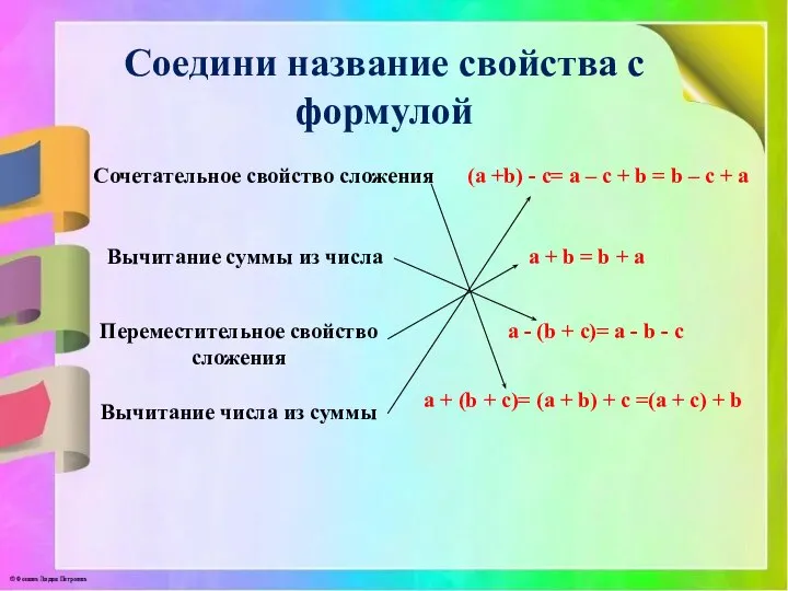 Соедини название свойства с формулой (a +b) - c= a – с