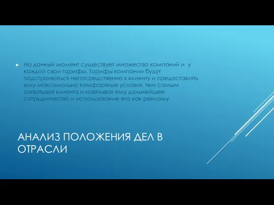 АНАЛИЗ ПОЛОЖЕНИЯ ДЕЛ В ОТРАСЛИ На данный момент существует множество компаний и