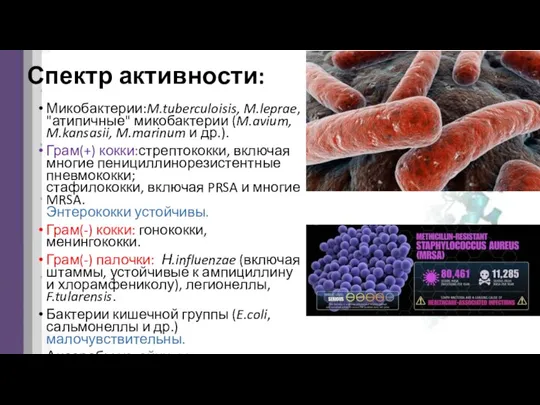 Спектр активности: Микобактерии:M.tuberculoisis, M.leprae, "атипичные" микобактерии (M.avium, M.kansasii, M.marinum и др.). Грам(+)