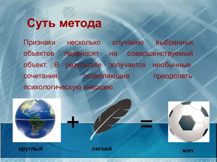 Суть метода Суть метода Признаки несколько случайно выбранных объектов переносят на совершенствуемый