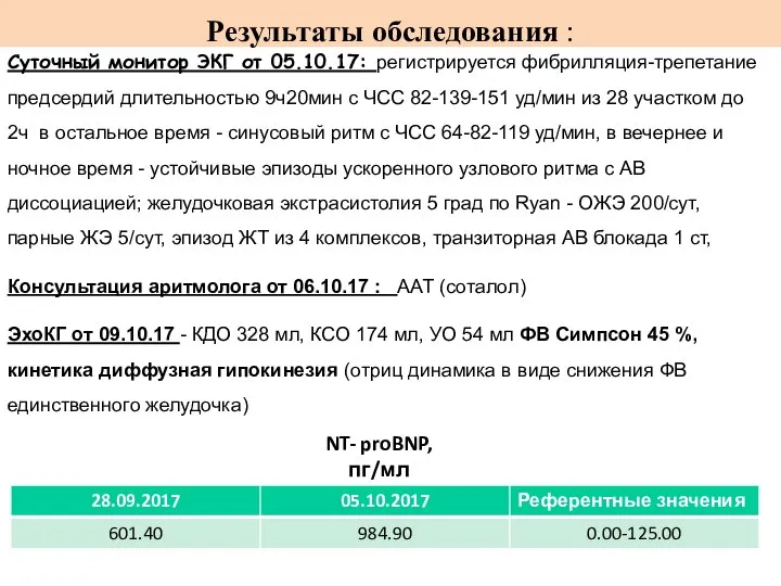 Результаты обследования : Суточный монитор ЭКГ от 05.10.17: регистрируется фибрилляция-трепетание предсердий длительностью