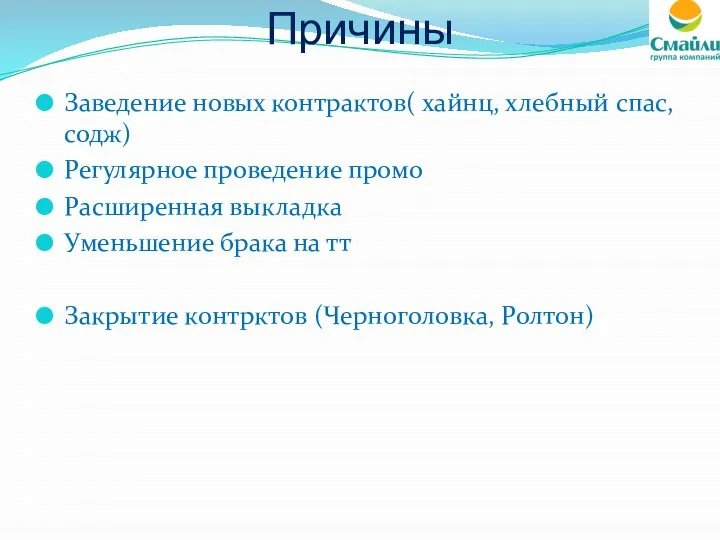 Причины Заведение новых контрактов( хайнц, хлебный спас, содж) Регулярное проведение промо Расширенная