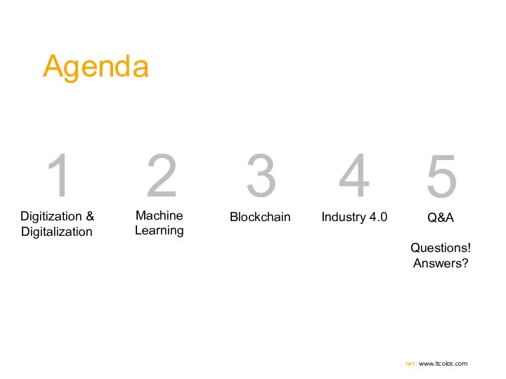 1 Agenda Digitization & Digitalization 3 2 4 Machine Learning Blockchain Industry