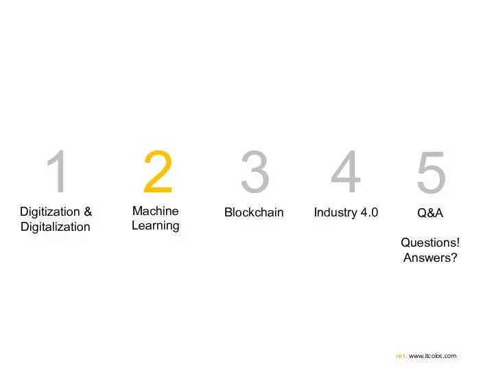 1 Digitization & Digitalization 3 2 4 Machine Learning Blockchain Industry 4.0 5 Q&A Questions! Answers?