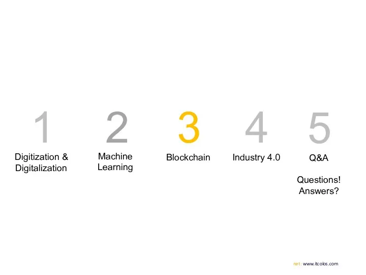 1 Digitization & Digitalization 3 2 4 Machine Learning Blockchain Industry 4.0 5 Q&A Questions! Answers?