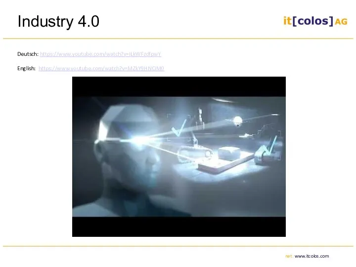 Industry 4.0 Deutsch: https://www.youtube.com/watch?v=ILkWFzdfpwY English: https://www.youtube.com/watch?v=MZkY9HNCiM0