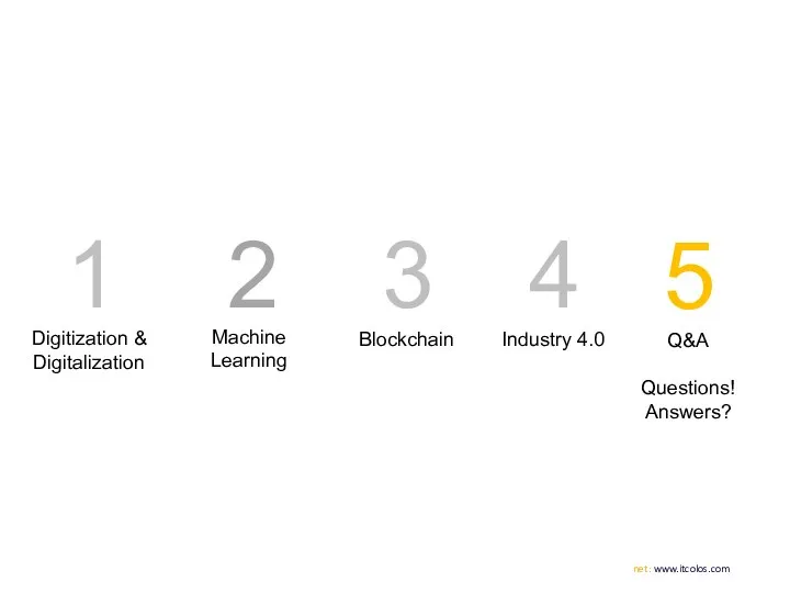 1 Digitization & Digitalization 3 2 4 Machine Learning Blockchain Industry 4.0 5 Q&A Questions! Answers?