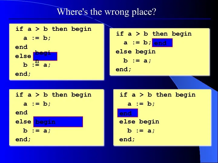 Where's the wrong place? if a > b then begin a :=