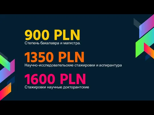 900 PLN Степень бакалавра и магистра. 1600 PLN Стажировки научные докторантские 1350