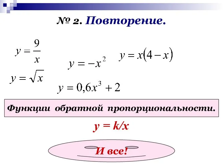№ 2. Повторение. Функции обратной пропорциональности. у = k/x И все!