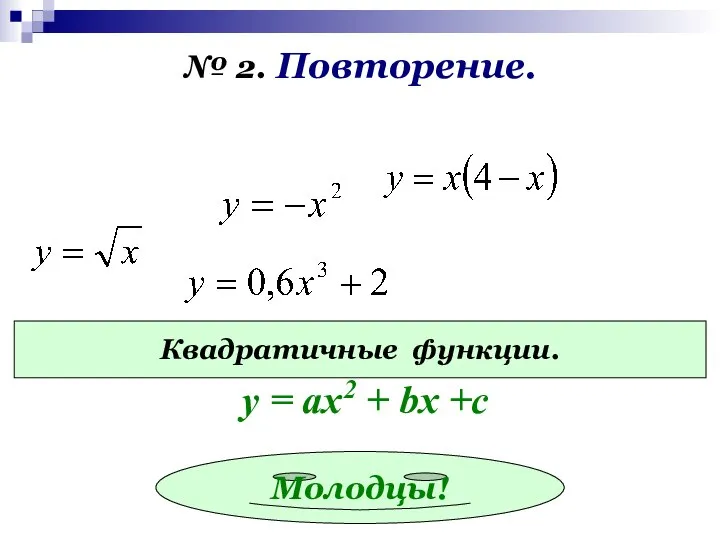 № 2. Повторение. Квадратичные функции. Молодцы! у = ах2 + bx +c