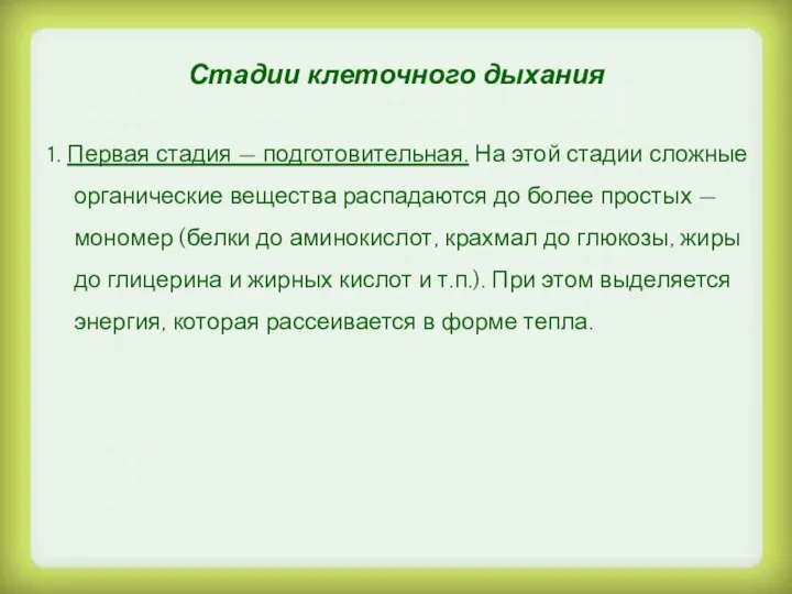 Стадии клеточного дыхания 1. Первая стадия — подготовительная. На этой стадии сложные