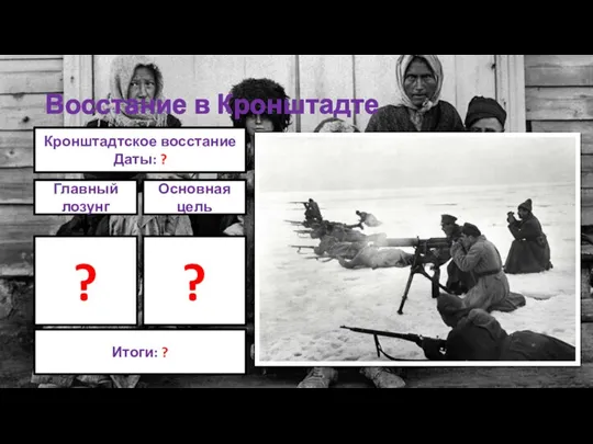 Восстание в Кронштадте Кронштадтское восстание Даты: ? Главный лозунг Основная цель ? ? Итоги: ?