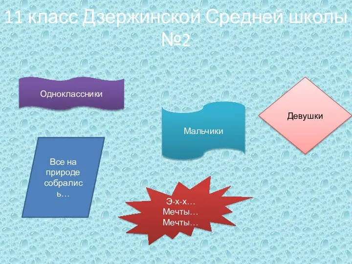 11 класс Дзержинской Средней школы №2 Девушки Мальчики Все на природе собрались… Э-х-х… Мечты… Мечты… Одноклассники