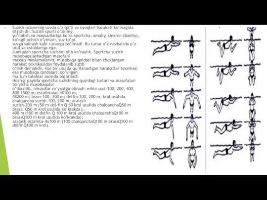 Suzish-odamning suvda o’z qo’li va oyoqlari harakati ko’magida siljishidir. Suzish sporti o’zining