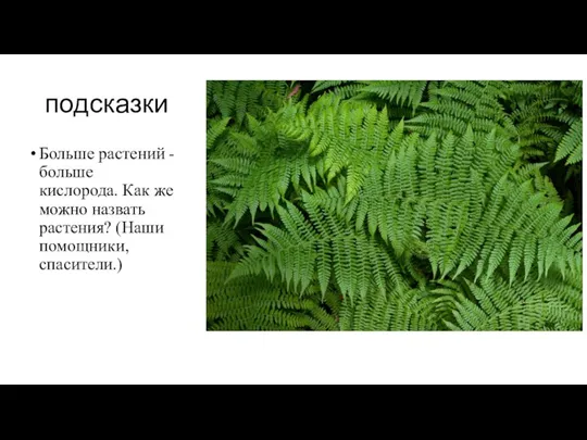 подсказки Больше растений - больше кислорода. Как же можно назвать растения? (Наши помощники, спасители.)