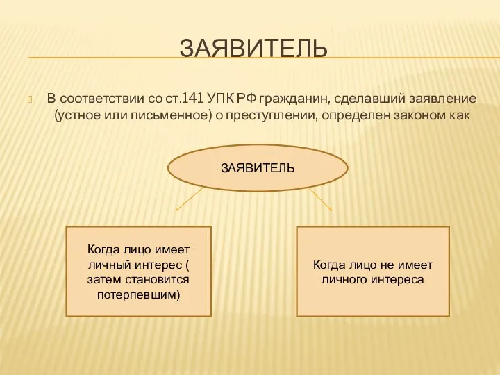 ЗАЯВИТЕЛЬ В соответствии со ст.141 УПК РФ гражданин, сделавший заявление (устное или