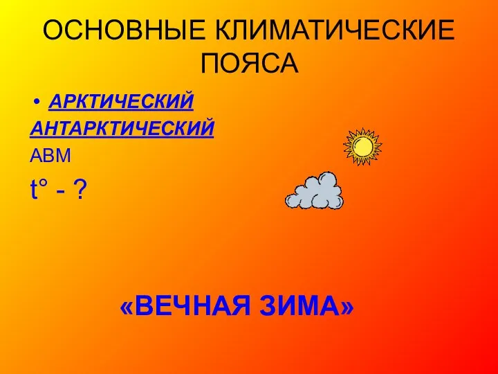 ОСНОВНЫЕ КЛИМАТИЧЕСКИЕ ПОЯСА АРКТИЧЕСКИЙ АНТАРКТИЧЕСКИЙ АВМ t° - ? «ВЕЧНАЯ ЗИМА»