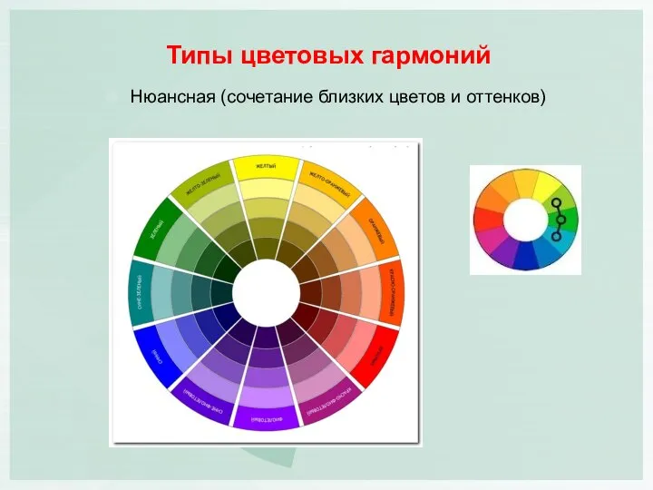 Типы цветовых гармоний Нюансная (сочетание близких цветов и оттенков)