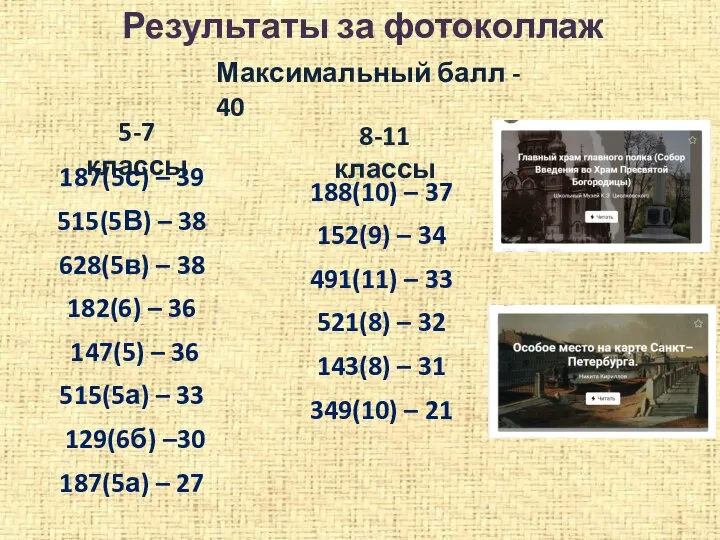 Результаты за фотоколлаж 187(5с) – 39 515(5В) – 38 628(5в) – 38