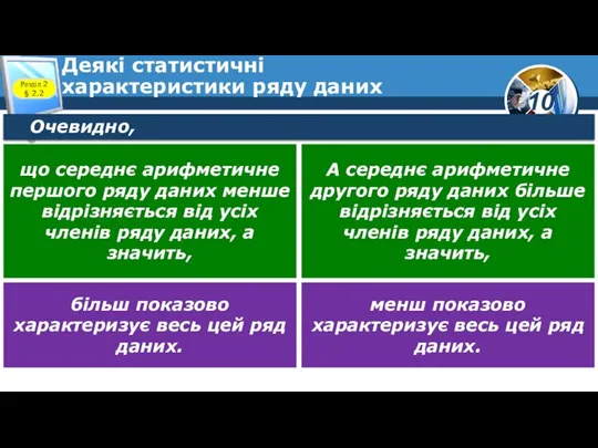 Деякі статистичні характеристики ряду даних Розділ 2 § 2.2 Очевидно, що середнє