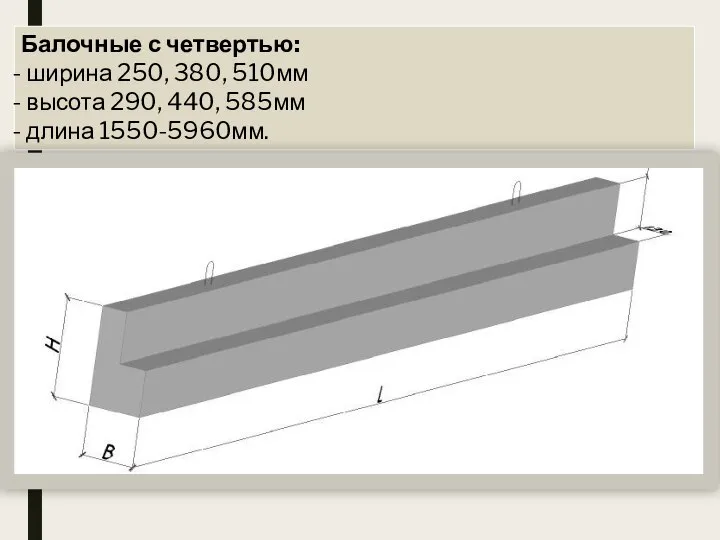 Балочные с четвертью: ширина 250, 380, 510мм высота 290, 440, 585мм длина 1550-5960мм.