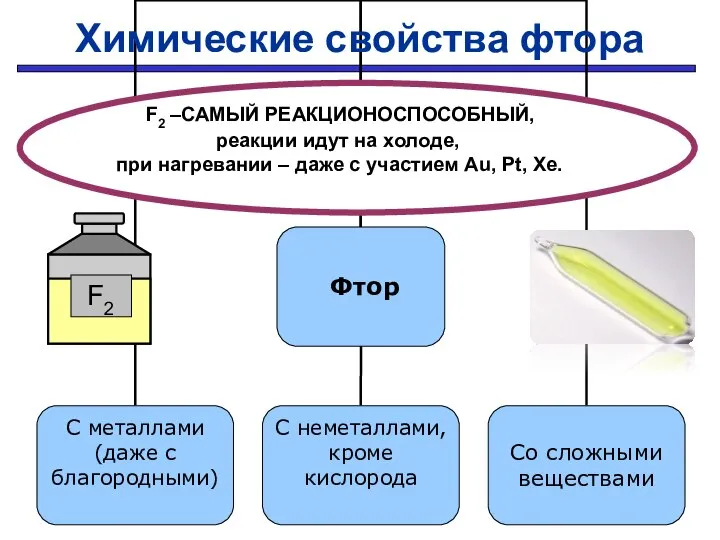 Проверить F2 –САМЫЙ РЕАКЦИОНОСПОСОБНЫЙ, реакции идут на холоде, при нагревании – даже