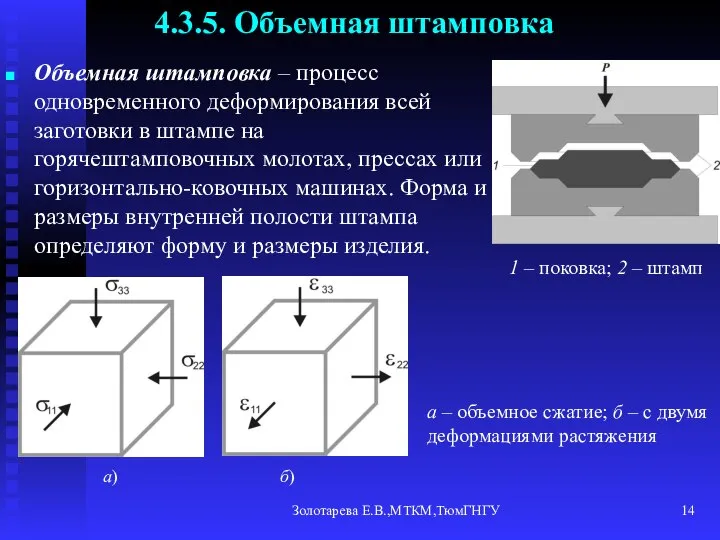 Золотарева Е.В.,МТКМ,ТюмГНГУ 4.3.5. Объемная штамповка Объемная штамповка – процесс одновременного деформирования всей