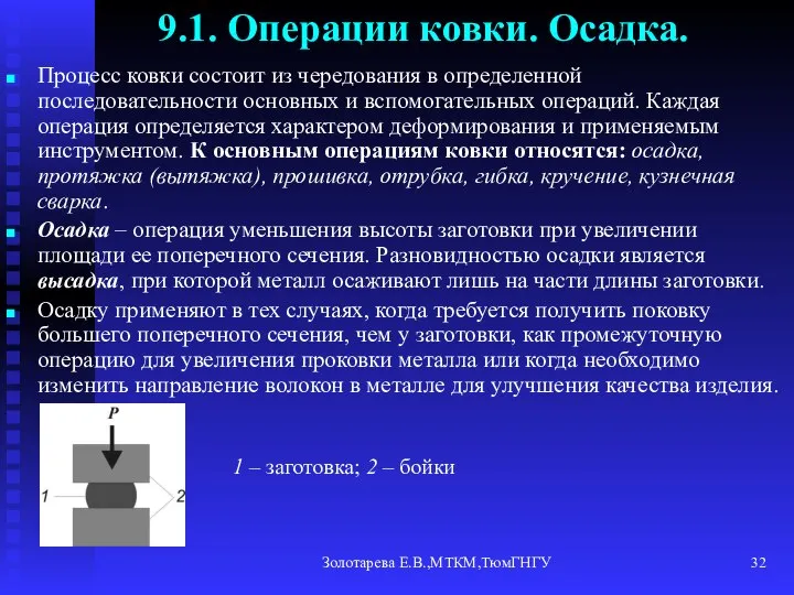 Золотарева Е.В.,МТКМ,ТюмГНГУ 9.1. Операции ковки. Осадка. Процесс ковки состоит из чередования в