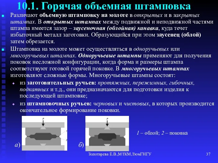 Золотарева Е.В.,МТКМ,ТюмГНГУ 10.1. Горячая объемная штамповка Различают объемную штамповку на молоте в