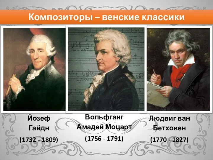 Йозеф Гайдн (1732 - 1809) Вольфганг Амадей Моцарт (1756 - 1791) Людвиг