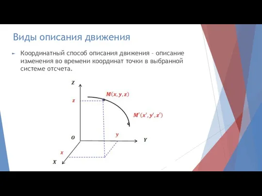 Виды описания движения Координатный способ описания движения – описание изменения во времени