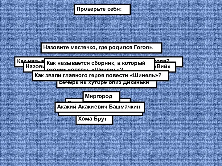 Проверьте себя: Назовите местечко, где родился Гоголь Великие Сорочинцы Как назывался первый