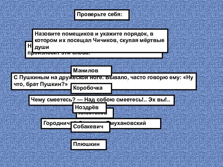 Проверьте себя: Назовите героя пьесы «Ревизор», который произносит эти слова: С Пушкиным