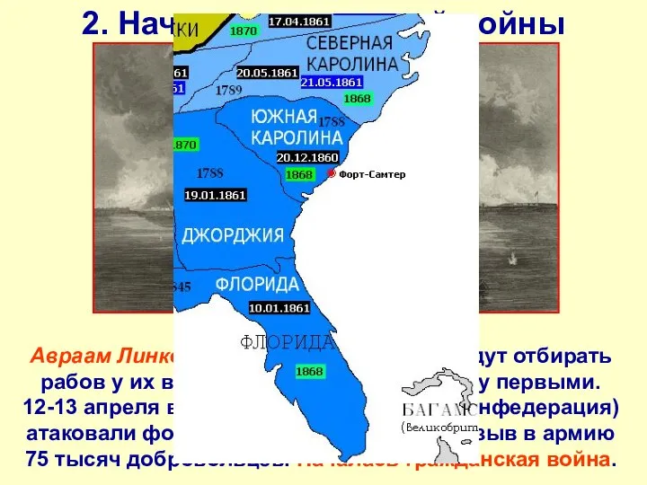 2. Начало гражданской войны Авраам Линкольн заявил, что США не будут отбирать