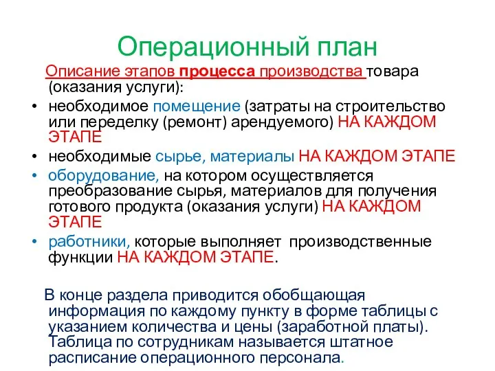 Операционный план Описание этапов процесса производства товара (оказания услуги): необходимое помещение (затраты