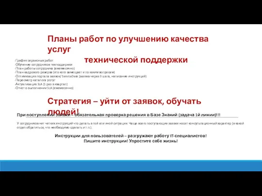 Планы работ по улучшению качества услуг технической поддержки График сервисных работ Обучение