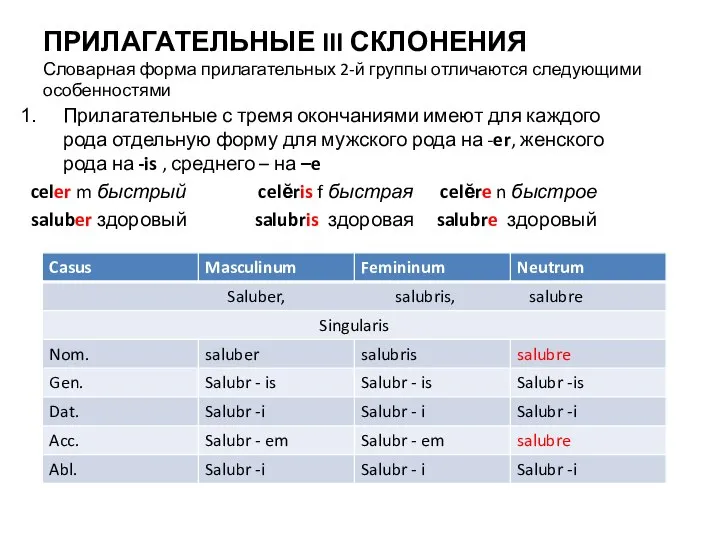 ПРИЛАГАТЕЛЬНЫЕ III СКЛОНЕНИЯ Словарная форма прилагательных 2-й группы отличаются следующими особенностями Прилагательные