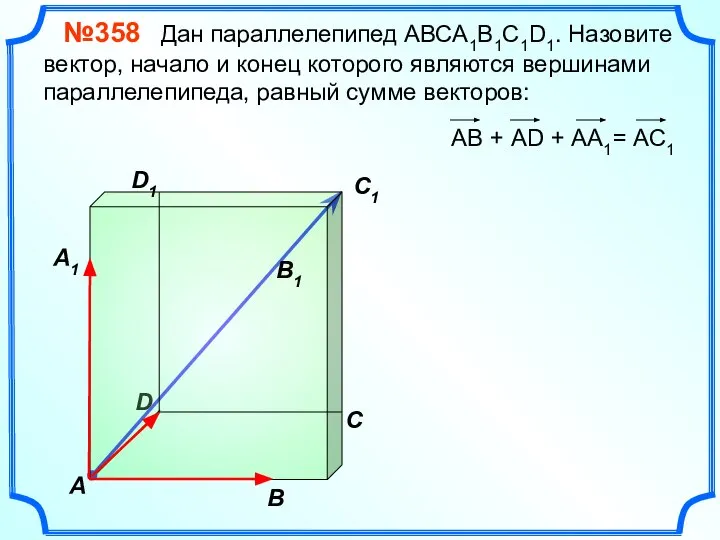 В A С B1 C1 D1 №358 Дан параллелепипед АВСA1B1C1D1. Назовите вектор,